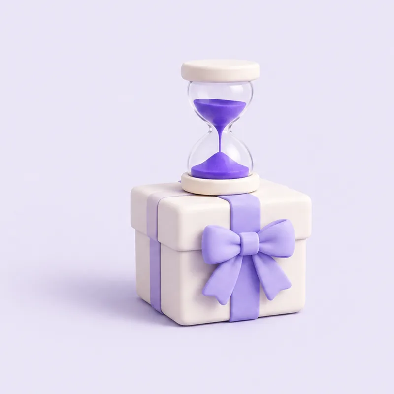 A gift box with a small hourglass of violet sand on its lid