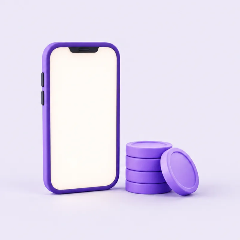 A blank smartphone standing next to a stack of violet coins