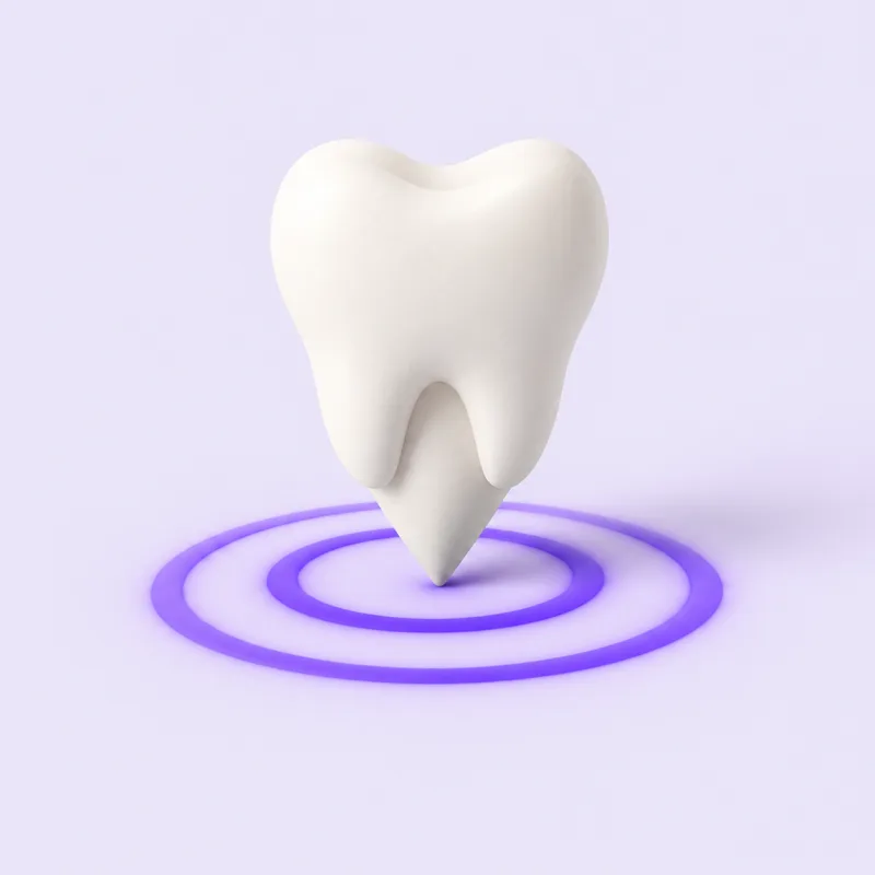 A tooth standing like a map pin at the centre of violet rings