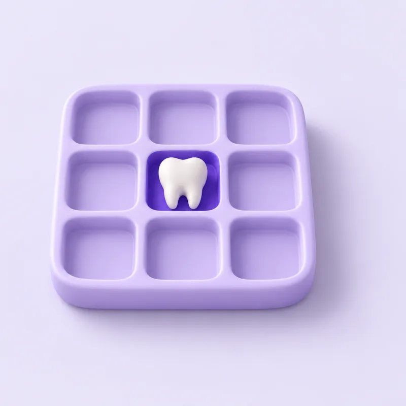 A tooth resting in the one violet cell of a calendar-like tray