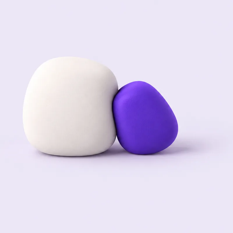 Two rounded blocks side by side, a violet one leaning on a larger white one