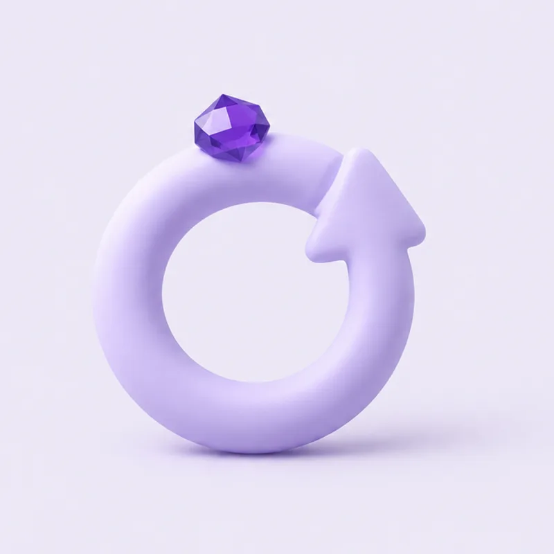 A ring-shaped arrow that loops back on itself, topped with a violet gem