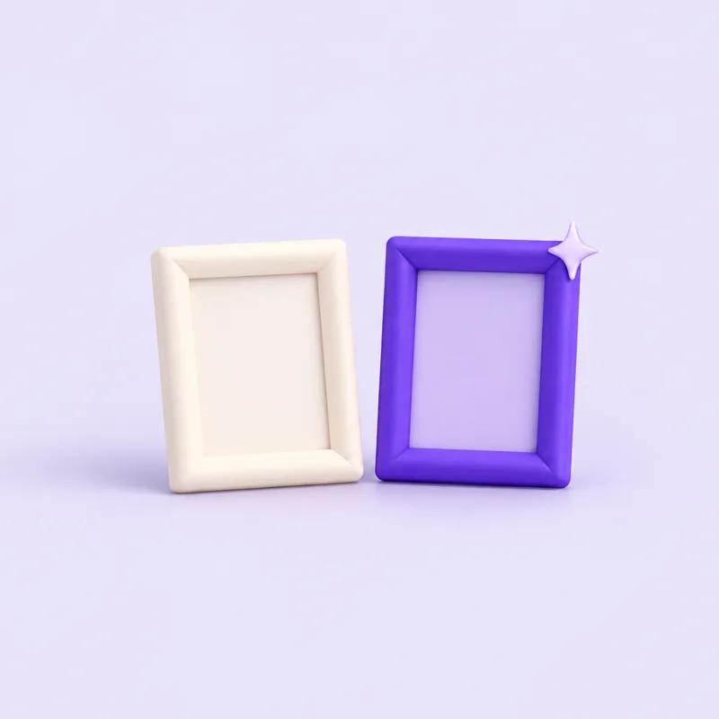 Two empty picture frames side by side, the right one violet