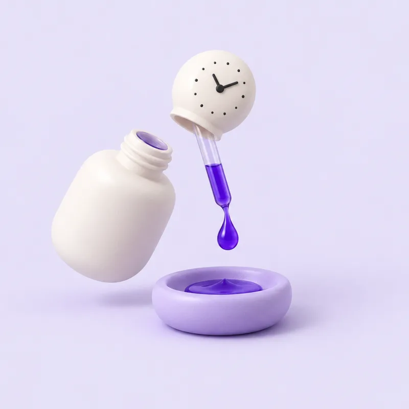 A serum dropper with a clock-face cap letting a violet drop fall into a dish