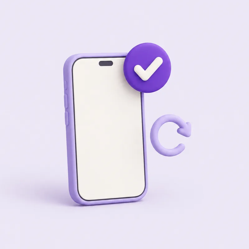 A blank smartphone with a violet check-mark badge and a circular arrow