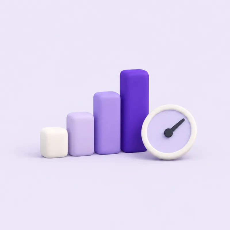 Four rising bar-chart columns and a small gauge dial