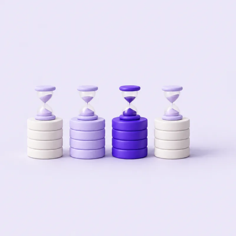 Four stacks of reward tokens, each topped by a small hourglass