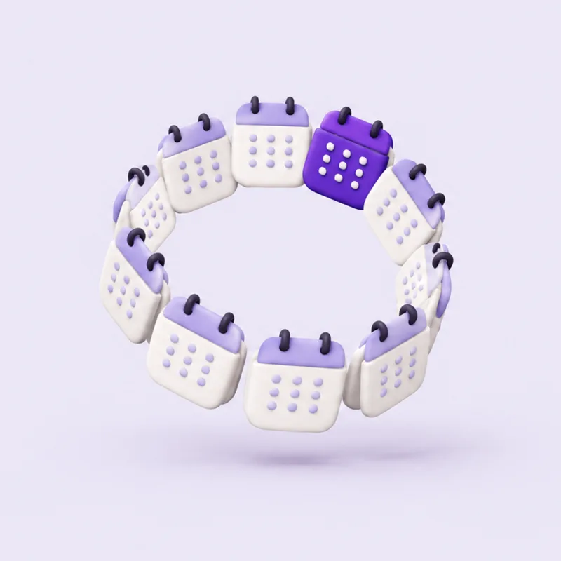 A loop of calendar tiles curving back to where it began, one tile violet