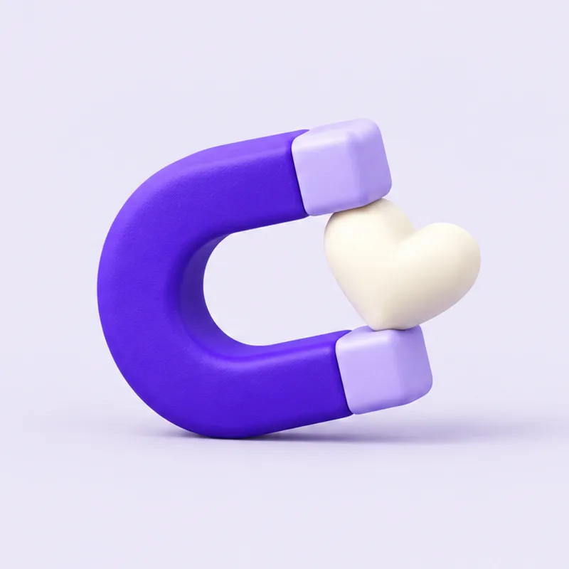 A violet horseshoe magnet holding a white heart