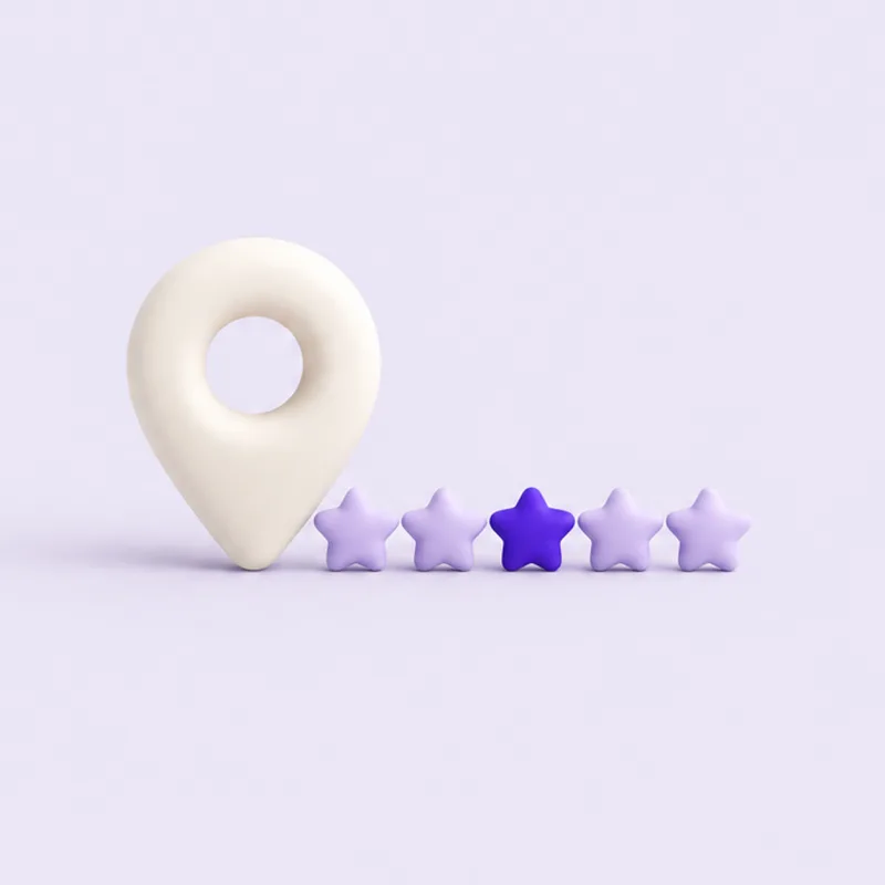 A map pin beside a row of five stars, one of them violet