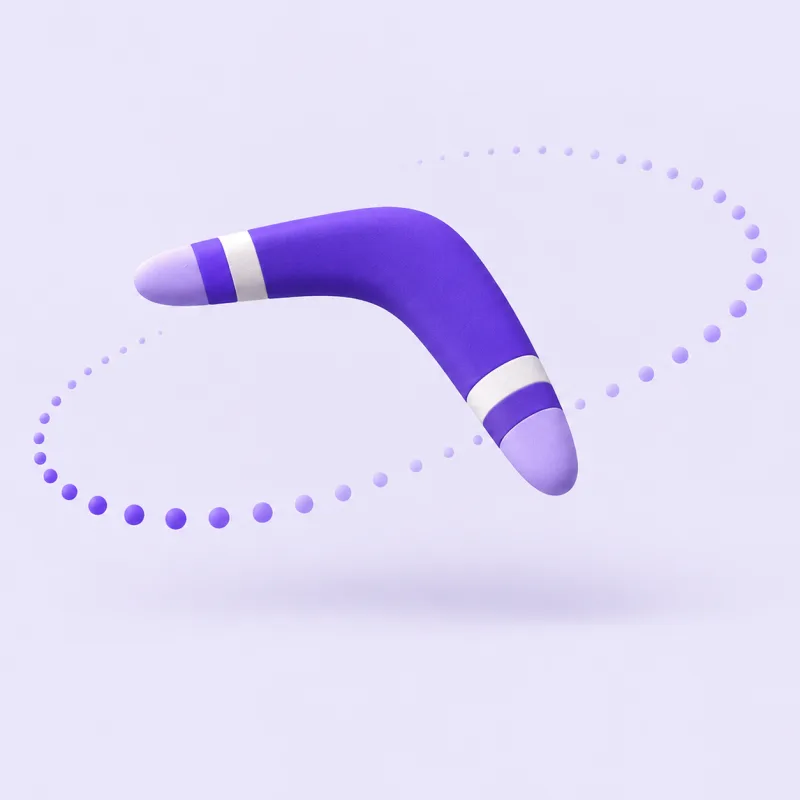 A violet boomerang on a dotted path that loops back to where it started