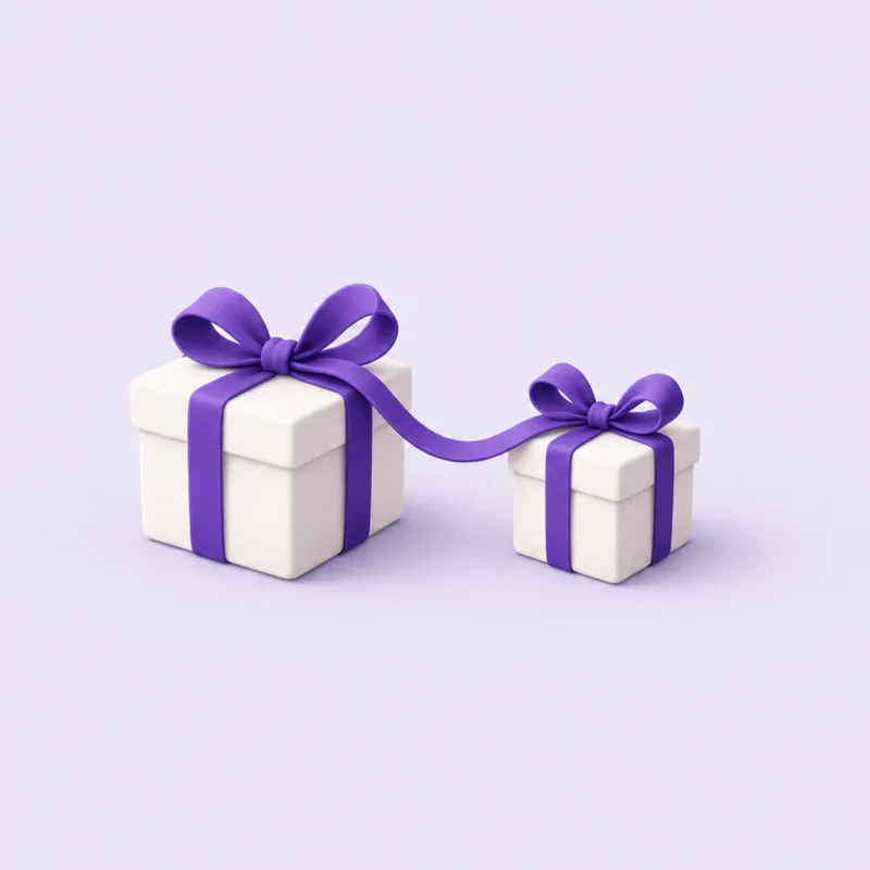 Two gift boxes tied together by one violet ribbon