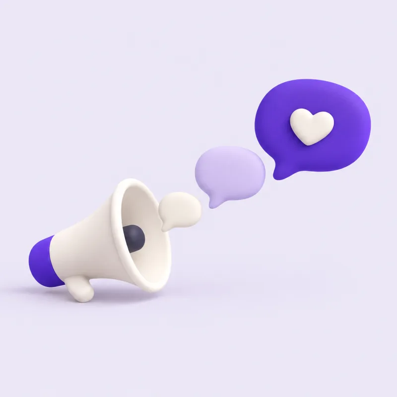 A megaphone sending out speech bubbles, the last one holding a heart