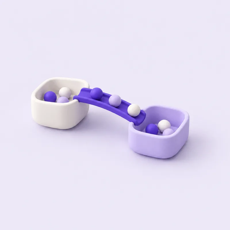 Two open boxes joined by a violet bridge, tokens rolling from one to the other