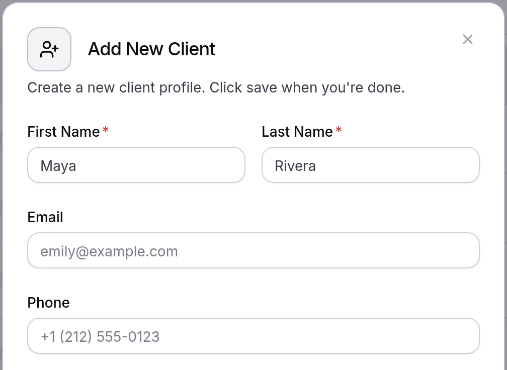 Add New Client dialog with Maya in First Name and Rivera in Last Name, above the Email and Phone fields