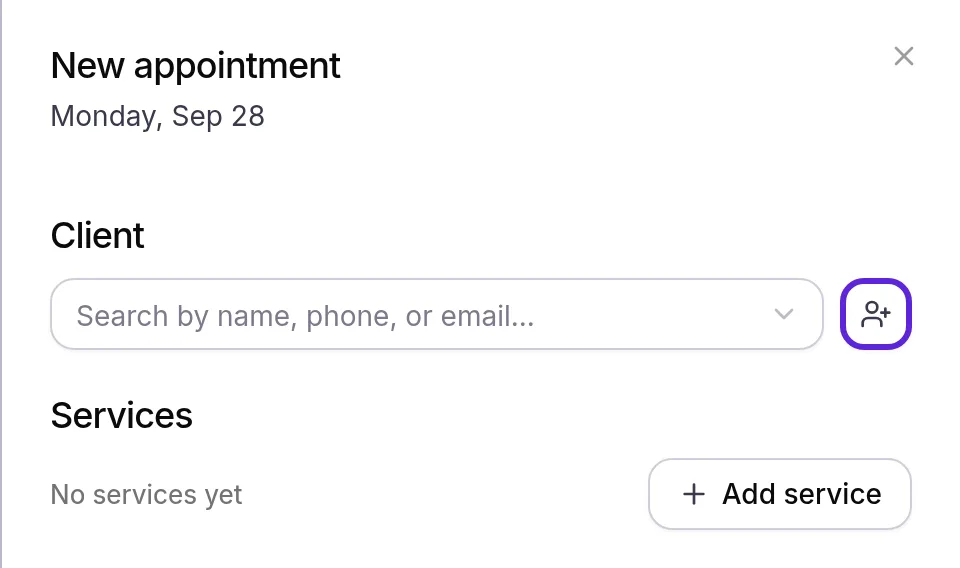 New appointment drawer with the add-person button outlined beside the Client search, above Services