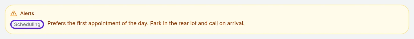Alerts banner at the top of a patient's profile with the Scheduling badge and the saved first-appointment instruction
