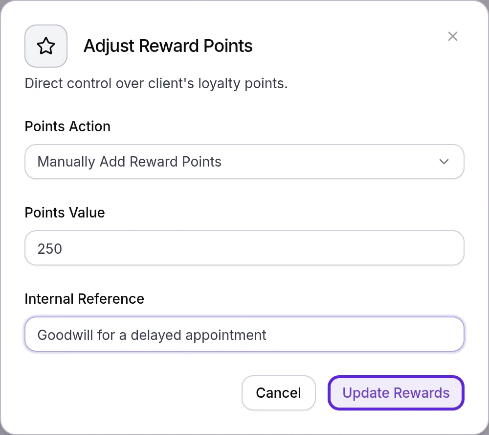 Adjust Reward Points dialog adding 250 points with an Internal Reference, the Update Rewards button outlined