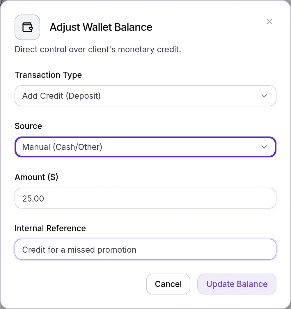 Adjust Wallet Balance adding $25.00 of credit with the Source field outlined and an Internal Reference entered