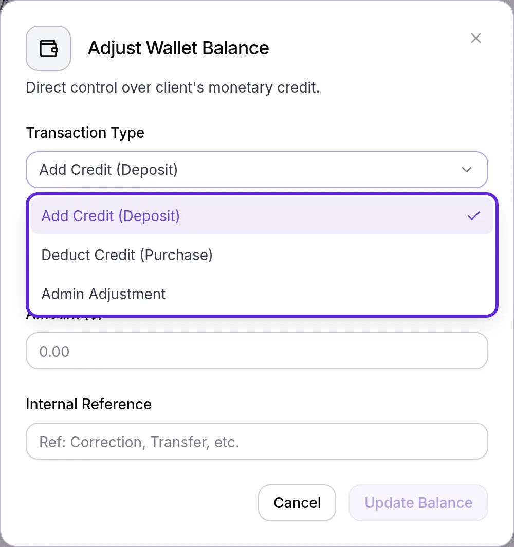 Adjust Wallet Balance with the Transaction Type list open: Add Credit (Deposit), Deduct Credit (Purchase), Admin Adjustment