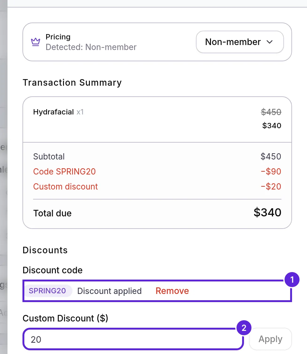 Checkout panel with Code SPRING20 -$90 and Custom discount -$20 rows, and the Discounts block below outlined
