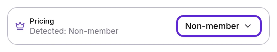 Checkout panel Pricing row reading Detected: Non-member, with the pricing menu button outlined