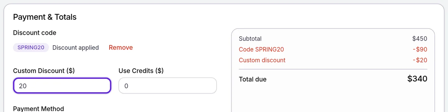 New Transaction Payment & Totals: SPRING20 applied, $20 in Custom Discount ($), and a $450 subtotal down to $340 due