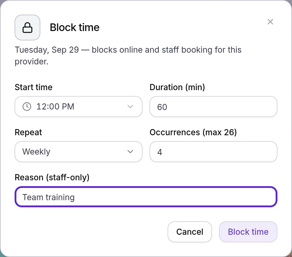 Block time dialog for Tuesday, 12:00 PM for 60 minutes, repeating weekly for 4 occurrences, reason Team training