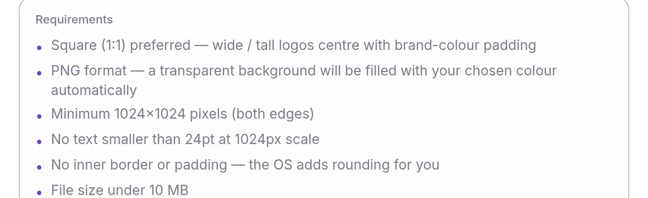 Upload app icon dialog, the Requirements list: square preferred, PNG, at least 1024×1024 pixels, under 10 MB