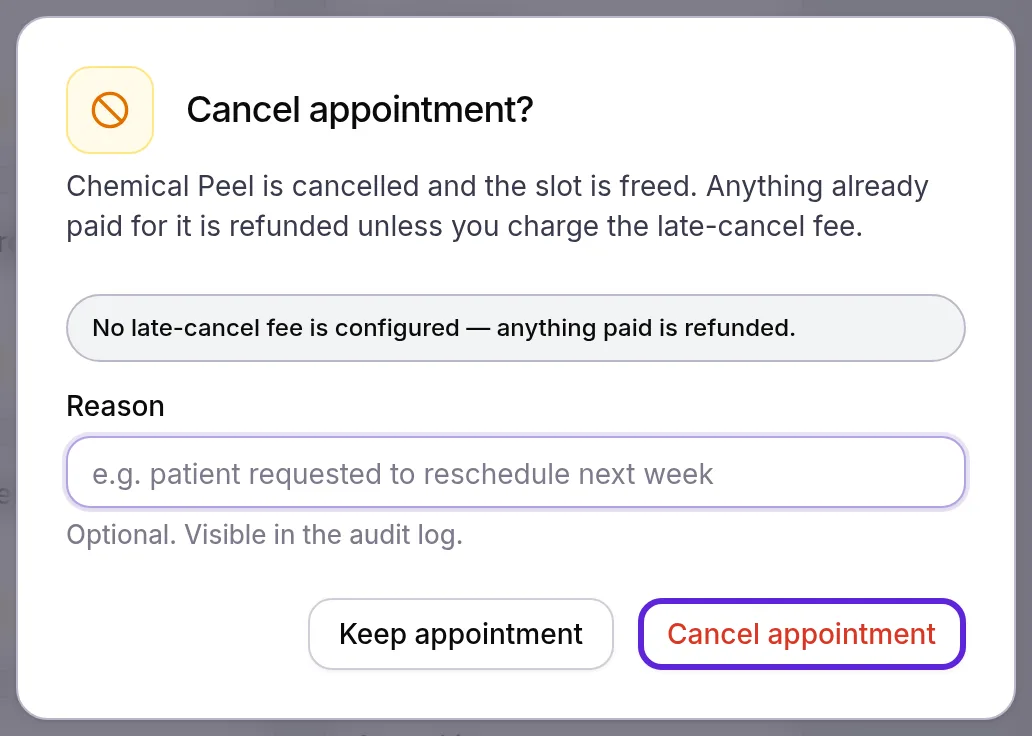 Cancel appointment? dialog for a Chemical Peel, with the fee line, the optional Reason and the Cancel appointment button