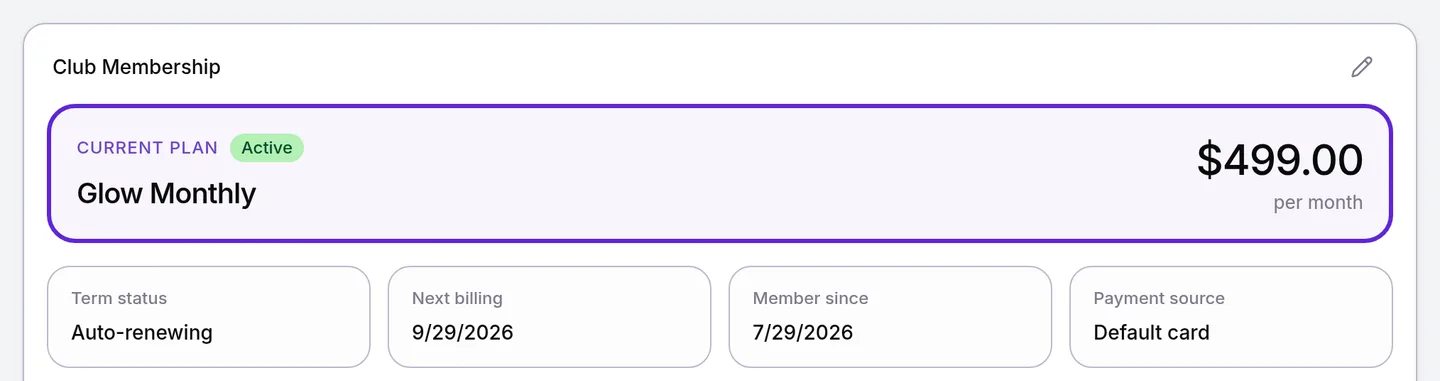 Club Membership card for a Glow Monthly member paying $499.00 per month, above Next billing