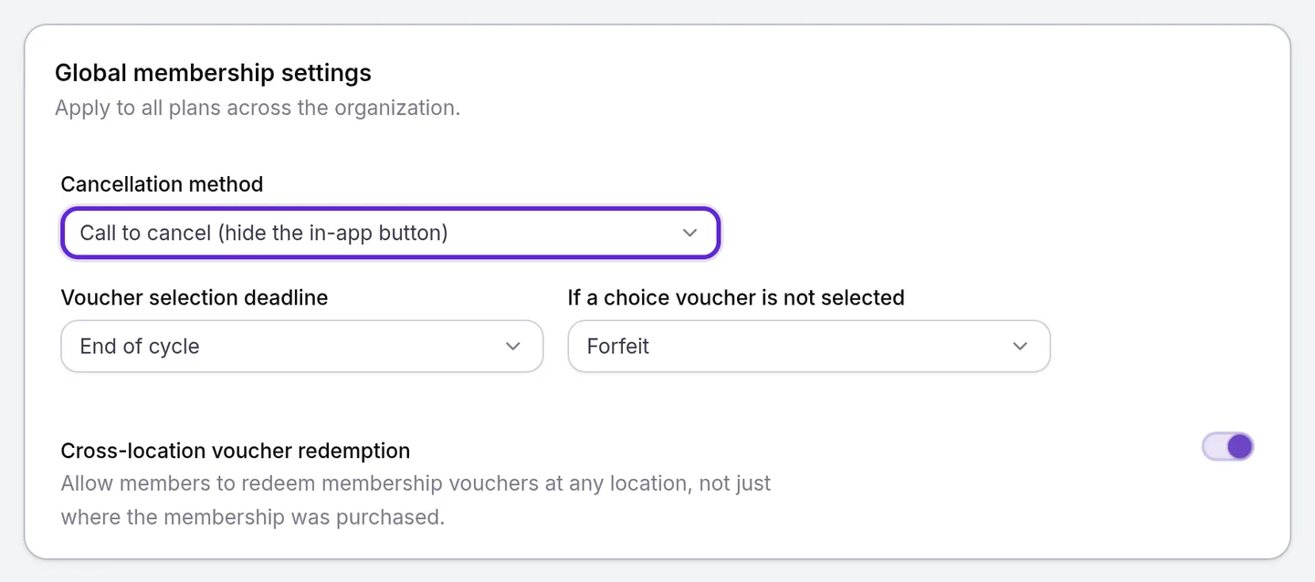 Global membership settings with Cancellation method set to Call to cancel (hide the in-app button), not yet saved