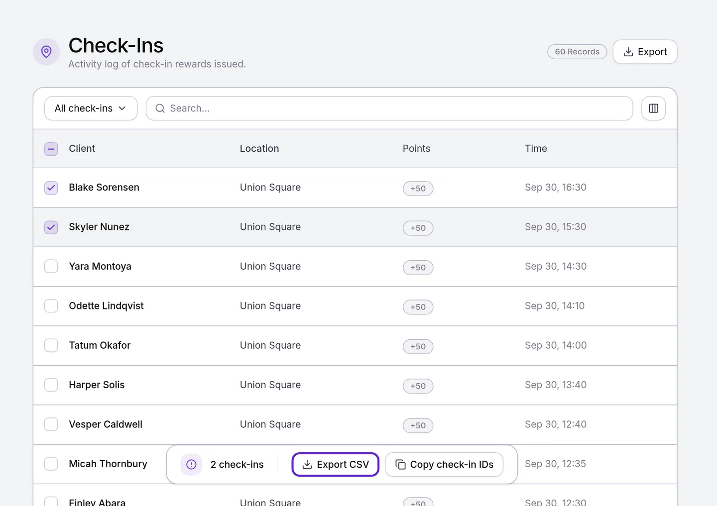 Check-Ins log with the Records count and Export at the top, and two check-ins ticked with Export CSV outlined