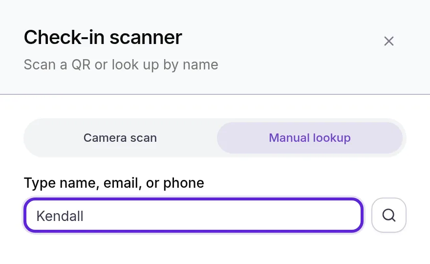 Check-in scanner on Manual lookup, with a patient's first name typed in the lookup field