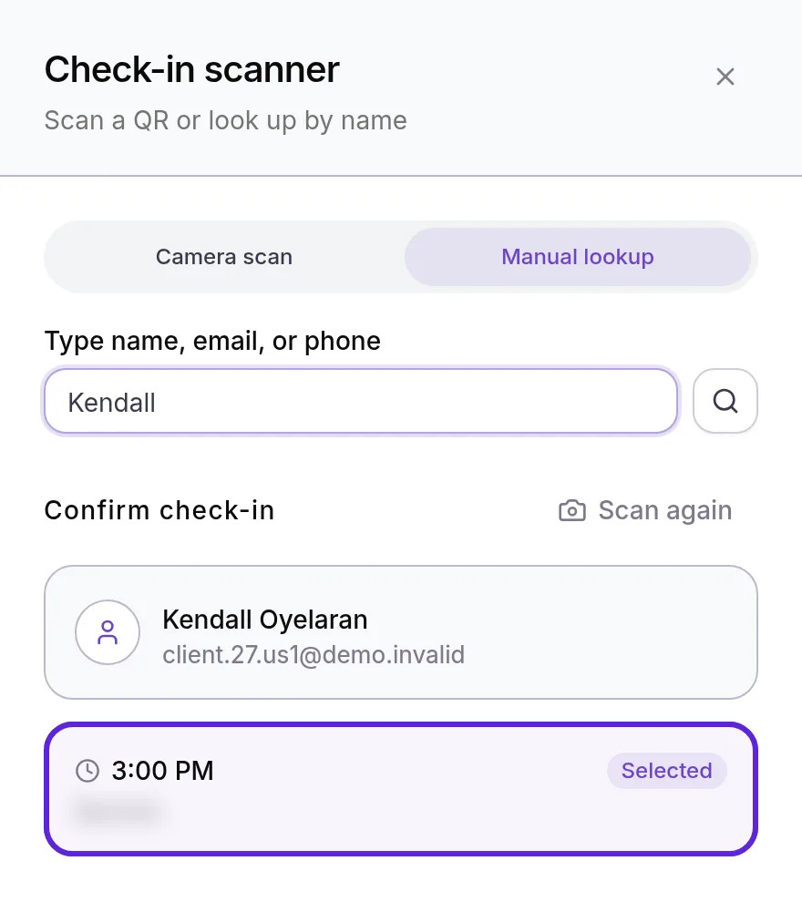 Check-in scanner showing Confirm check-in for the patient found, with today's appointment Selected
