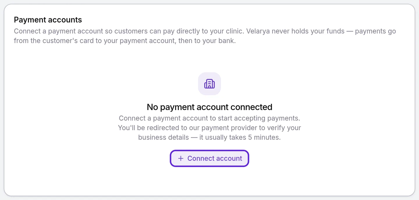 Payment accounts card with No payment account connected and the Connect account button outlined