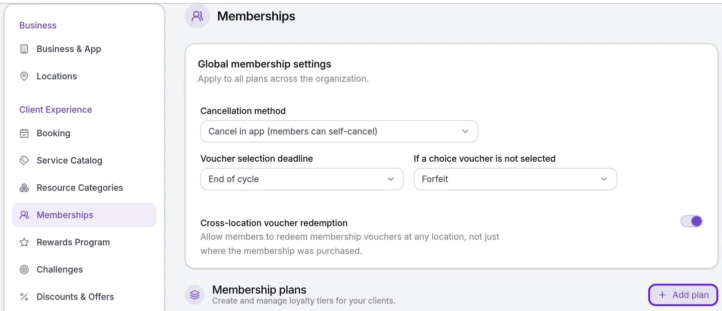 Memberships settings with the Add plan button outlined next to Membership plans