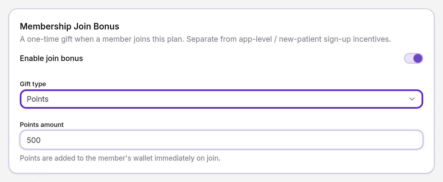 Membership Join Bonus switched on with the Points gift type and 500 points entered