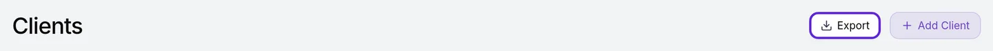 Clients page heading with the Export button outlined beside Add Client
