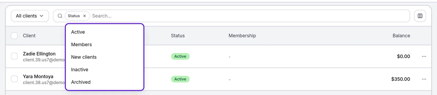 Clients list with the Status filter open: Active, Members, New clients, Inactive and Archived