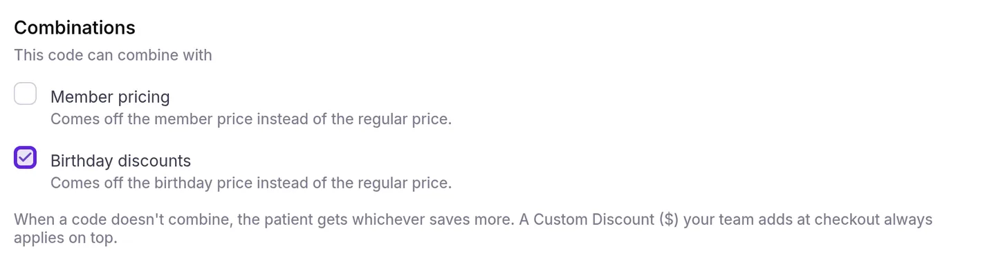 New discount code window, Combinations section with Birthday discounts ticked and outlined below Member pricing
