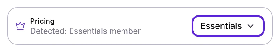 Checkout panel Pricing row reading Detected: Essentials member, with the Essentials plan selected