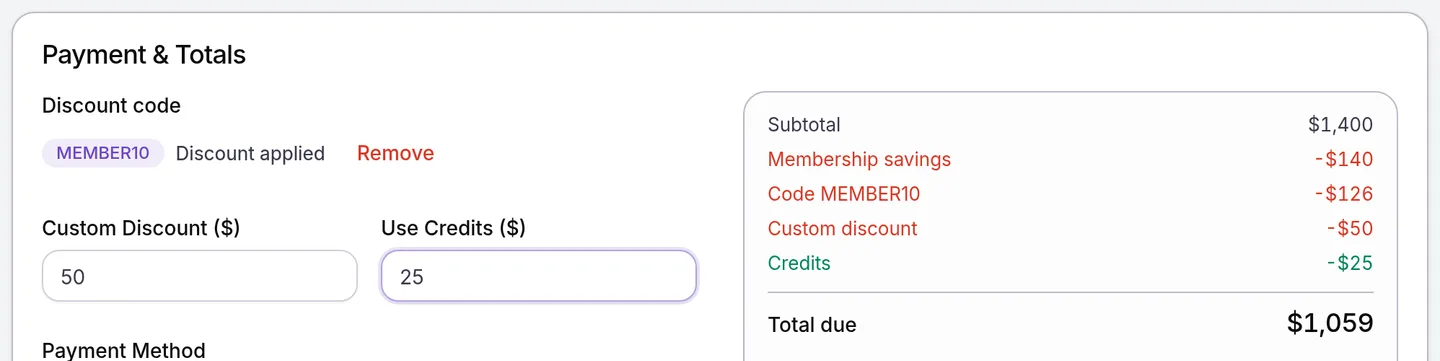 New Transaction Payment & Totals for a member: Subtotal $1,400, saving, code, custom discount and credit rows, $1,059 due