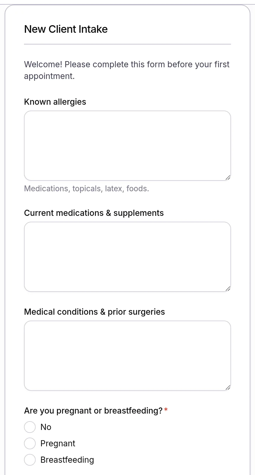 Form builder Preview at phone width showing the New Client Intake questions