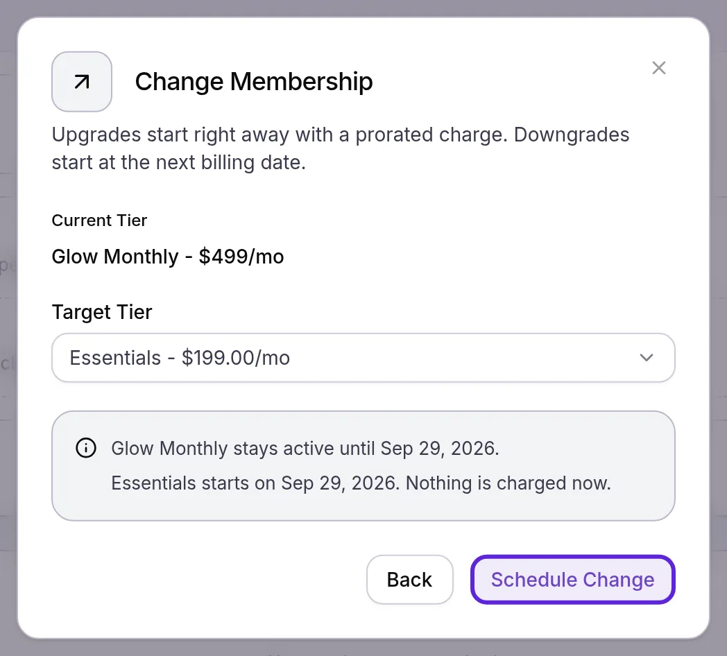Change Membership dialog scheduling a downgrade from Glow Monthly to Essentials on the next billing date, nothing charged now