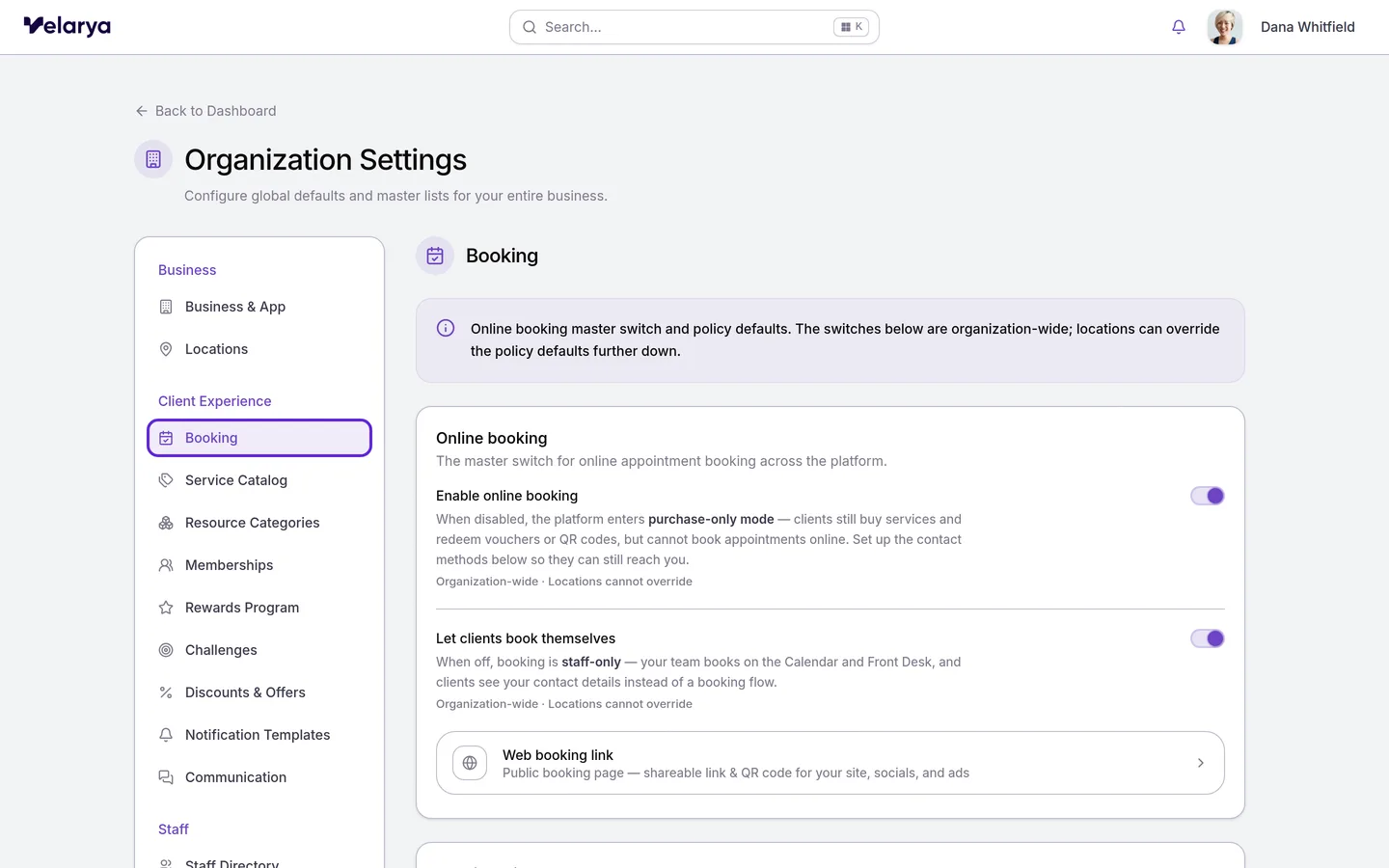 Organization Settings with Booking selected under Client Experience, and both Online booking switches on