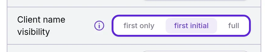 Role permission grid row for Client name visibility with first only, first initial and full, first initial selected