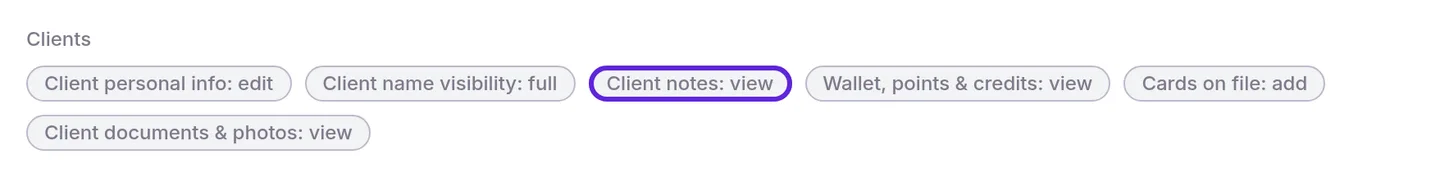 Front Desk role permissions, Clients group: Client personal info edit, name visibility full, Client notes view outlined