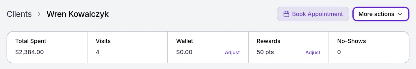 Patient profile header: Book Appointment, More actions outlined, and Total Spent, Visits, Wallet, Rewards, No-Shows