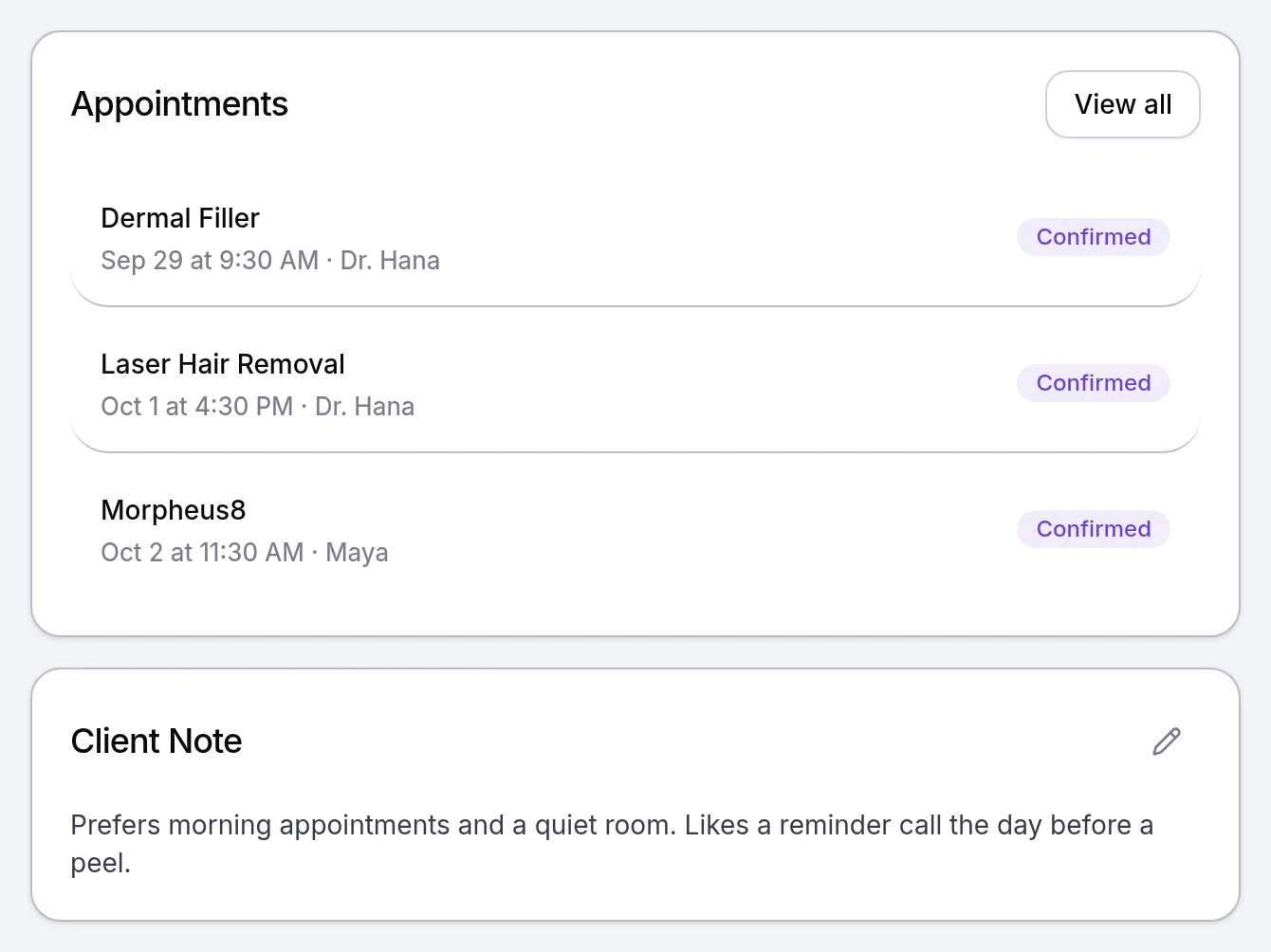 Patient profile Overview: Appointments with View all, and a Client Note about morning appointments